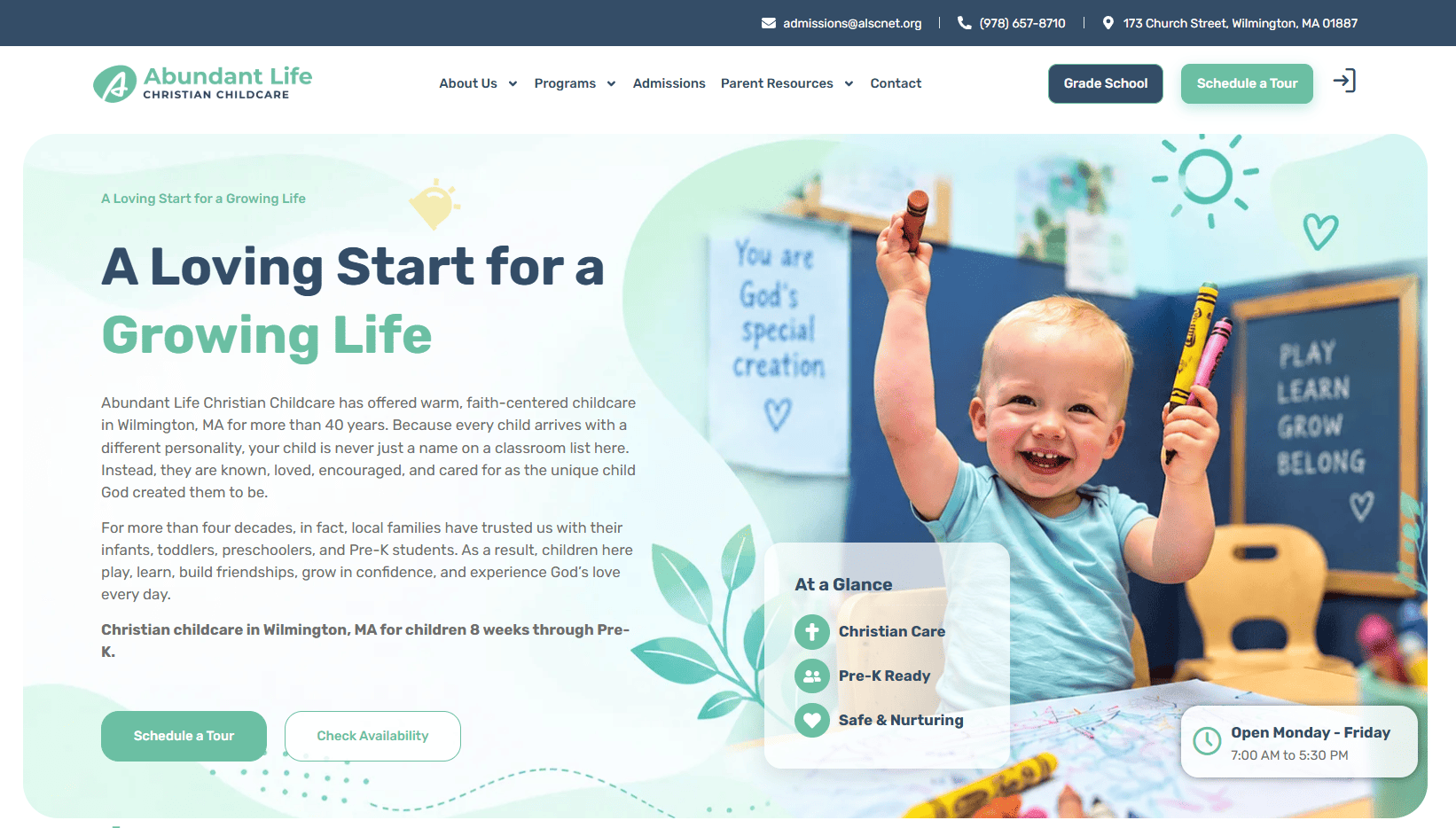 Abundant Life Christian Childcare website homepage in Wilmington, MA, built by Gergis