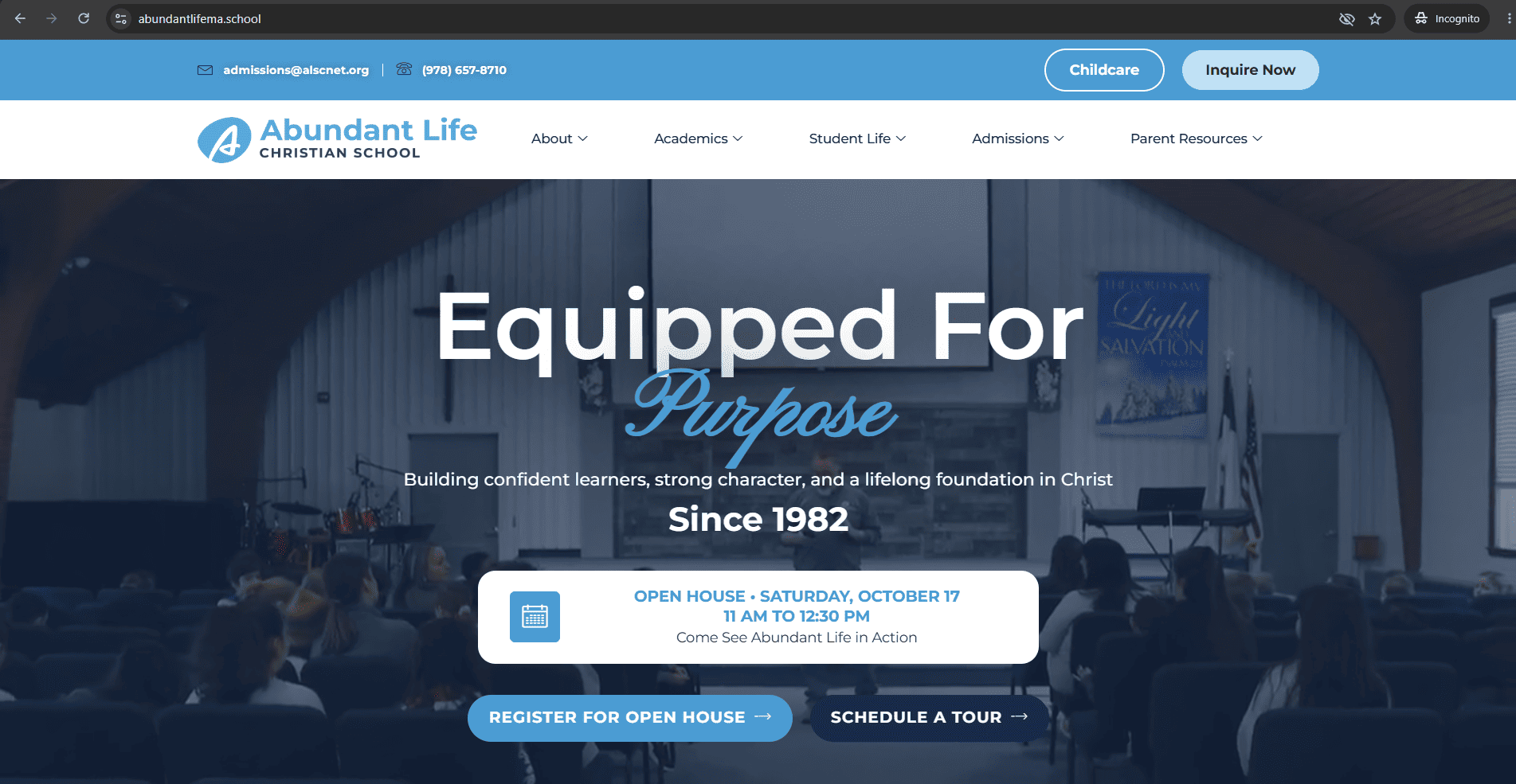 Abundant Life Christian School website homepage in Wilmington, MA, rebuilt by Gergis